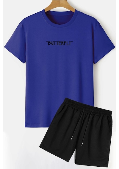 Uyguntarz Butterfly Sırt Baskılı Şort T-shirt Eşofman Takımı Mavi
