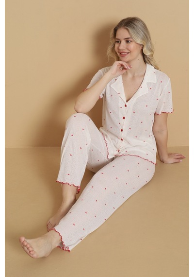 Wordex Mirano 1712 Minik Kalp Desenli Pointel İnce Kumaş Düğmeli Kısa Kollu Kadın Pijama Takımı Ekru Wordex Mirano 1712 Minik Kalp Desenli Pointel İnce Kumaş Düğmeli Kısa Kollu Kadın Pijama Takımı Ekru