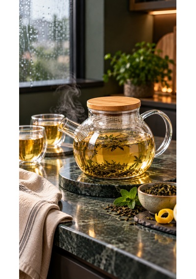 Favora Bambu Kapaklı Süzgeçli Cam Demlik 1000 Ml Şeffaf
