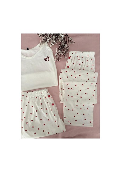Mh Moony Homewears Çizik Kalp 3'lü Yumuşacık Yazlık Pijama Takımı Krem Bordo