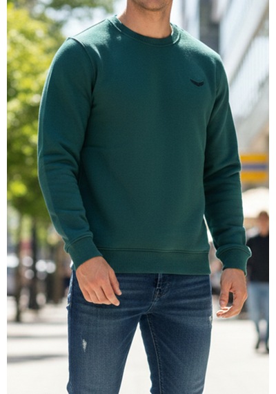 Remsa Erkek İçi Şardonlu Bisiklet Yaka Pamuklu Sweatshirt 0319 Zümrüt Yeşil Zümrüt