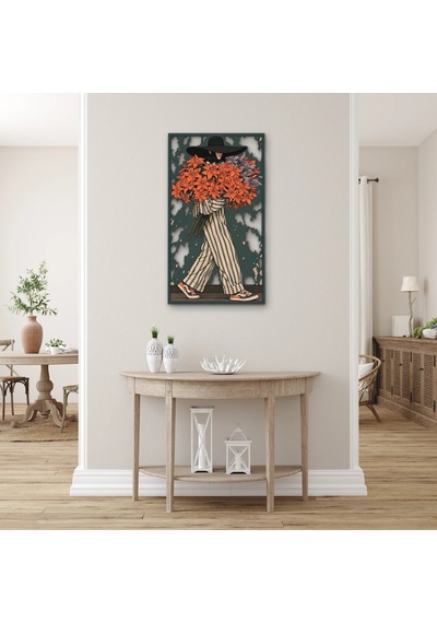 Çiçek Kucaklayan Şapkalı Kadın - Metal Tablo - Dec0388 71 X 125 Cm Çok Renkli