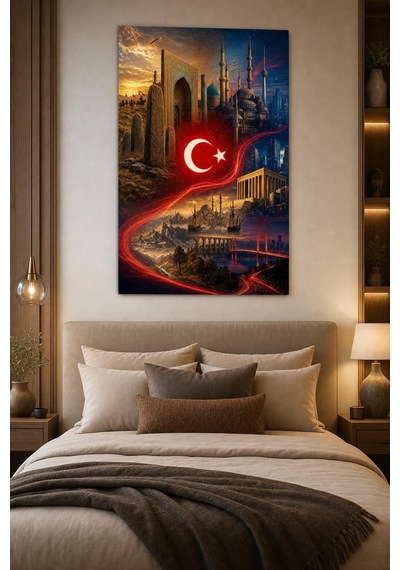 Türkiye Temalı Baskılı Cam Tablo Türk Bayrağı Ve Tarihi Mimari Duvar Dekoru