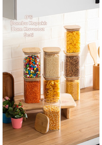 Porsima 6-4 Bambu Vakumlu Kapaklı Kare Borsilikat Cam 8li Kavanoz Seti Saklama Kabı 1250ml 9,5x15cm