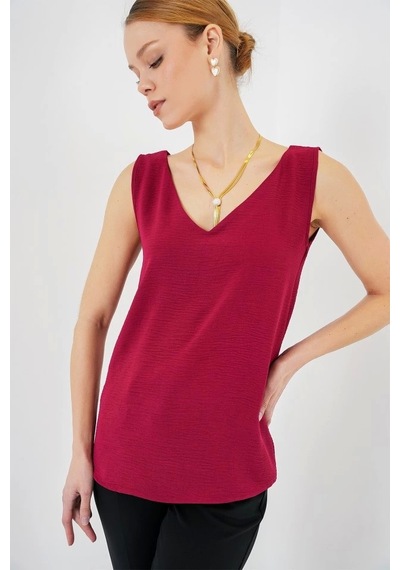 Defymoda V Yaka Sıfır Kol Bluz 950 - Bordo Bordo