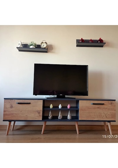 Ms 90 Mdf Tv Ünitesi Dolabı Raflı Antrasit Ceviz