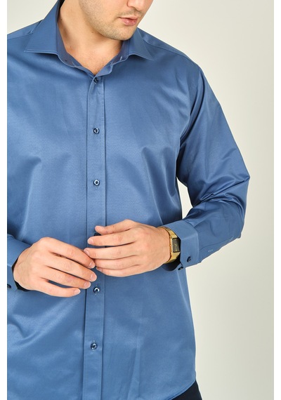 Figs Erkek Slim Fit Uzun Kollu Pamuklu Parlak Kumaş Gömlek 0013 Indigo Indıgo İndigo