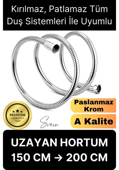 Premium Paslanmaz Krom Patlamaz Kopmaz Tüm Duş Sistemleriyle Uyumlu Uzayan Spiral Hortum Örgü 2 Mt Metal