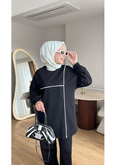 Mihran Butik Olivia Kadın Mevsimlik Penye Alt Üst Spor Ve Rahat Tesettür İkili Takım Siyah