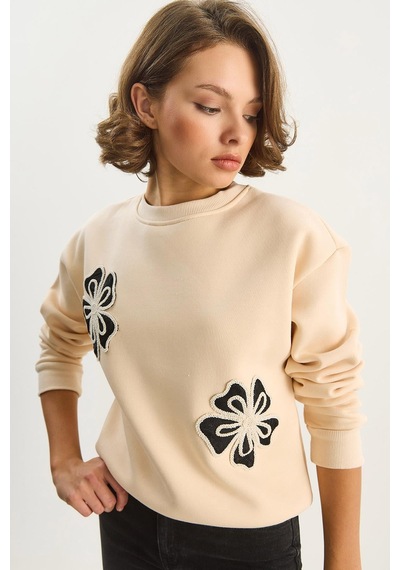 Shade Kadın Bisiklet Yaka Çiçek Nakışlı Üç İplik Şardonlu Sweatshirt 60601045 - Bej