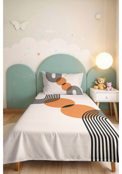 Geometrik Modern Turuncu Genç Odası Tek Kişilik Pike Takımı - Siyah 160x220 Cm Kapitone Yatak Örtüsü Keten Eşik Örtüsü