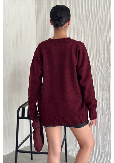 Femelle Kadın Bordo Standart Beden Oversize Basic Triko Kazak - 357bnd