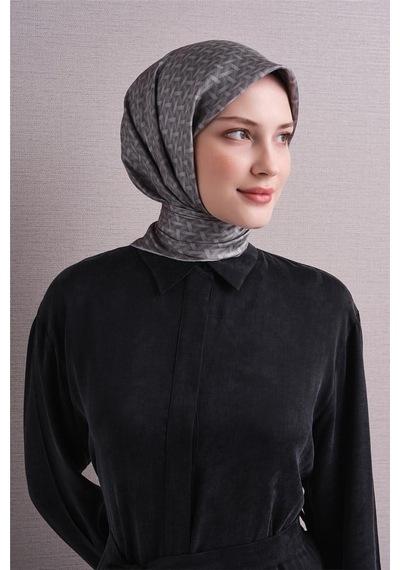 Armine Sura Saf İpek Eşarp 9622 33 Gri Geometrik Desen
