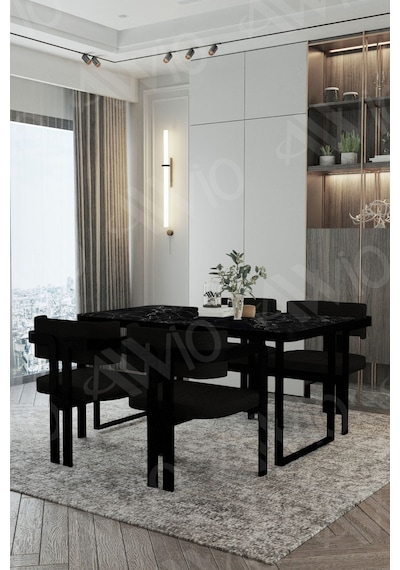 Avvio Mary Metal Ayak Tokyo Demonte Sandalye 80x120 Yemek Masası Mutfak Masası 4 Kişilik Siyah Mermer