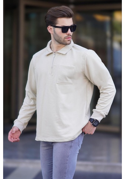 Madmext Bej Polo Yaka Fermuarlı Uzun Kollu Erkek Sweatshirt 7057 Ekru
