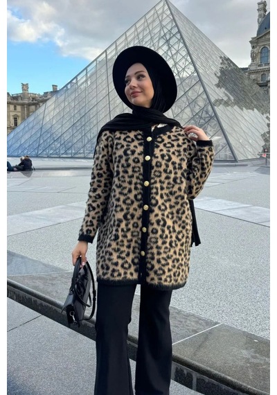 Woman And Kids Leopar Desen Düğmeli Triko Yumoş Uzun Hırka VIZON