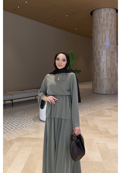 Riella Butik Ahen Oysho Kumaş Oversize Günlük Tesettür Takım Yeşil