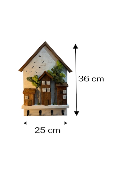 Ahşap Ev Temalı Duvar Askılığı 25x36 Cm 4 Kancalı Anahtarlık , El Yapımı Dekoratif Askı Beyaz