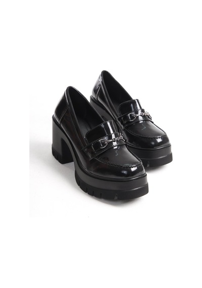 Asmi Shoes Kadın Siyah Rugan İnce Toka 8 Cm Yüksek Topuklu Loafer Siyah Rugan Siyah
