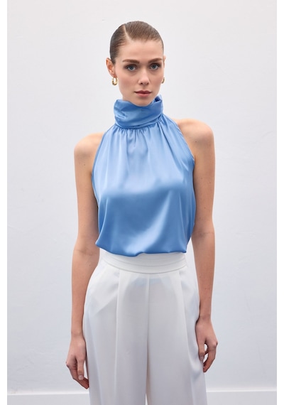 Sateen Boğazlı Kolsuz Bluz - Mavi-136545 Mavi