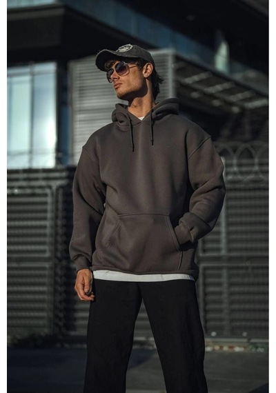 Erkek 3 İplik Pamuklu Kapüşonlu Basic Sweatshirt Hoodie - Füme
