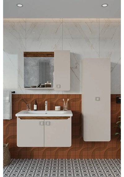 Selvi 80 Cm %100 Mdf Lavabolu Banyo Dolabı Aynalı Dolaplı Üst Dolap Lavabo Boy Dolabı Krem