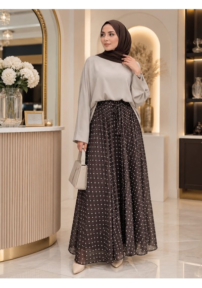 Esra Butik78 Siyah & Kahverengi Puantiyeli Astarlı Şifon Etek Kendi Kumaşından Kuşaklı, 95 Cm Esra Butik78 Siyah & Kahverengi Puantiyeli Astarlı Şifon Etek Kendi Kumaşından Kuşaklı, 95 Cm