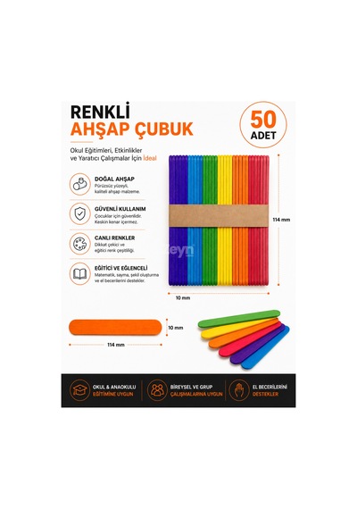50 Adet Renkli Ahşap Çubuk 114 Mm Okul Öncesi Eğitici Hobi Ve Sanat Etkinlik Çubuğu