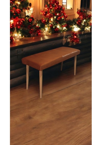 Ahşap Ayaklı Handmade Geniş Oturum Alanlı Düz Kumaş Pofidik Puf Bench, Ayak Ucu Uzatmalık Kiremit Rengi