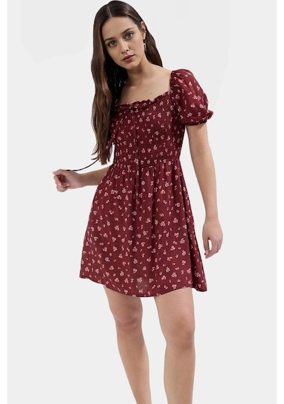 Ersefa Kısa Kollu Çiçekli Mini Elbise Viskoz Skater Rahat Yazlık Trend Bordo