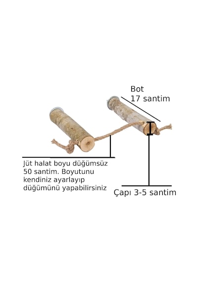 Doğal Ağaç Kuş Ve Papağan Tüneği Jüt Halatlı Ayarlanabilir Boy 17 Santim Doğal Ahşap Tünek 2'li Set Çap 3-5