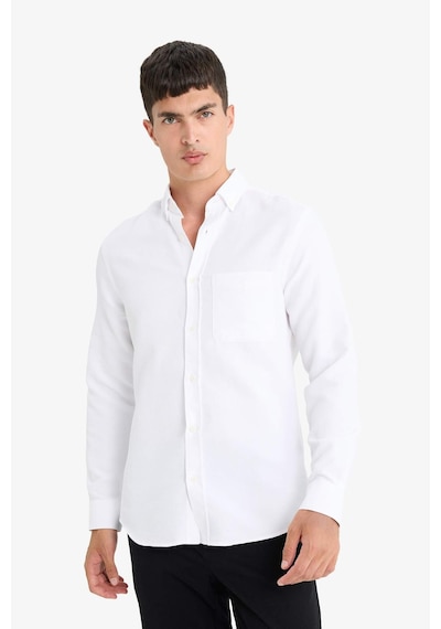 DeFacto Slim Fit Dar Kesim Polo Yaka Dokulu Uzun Kollu Beyaz Gömlek T2066AZ25SPWT34