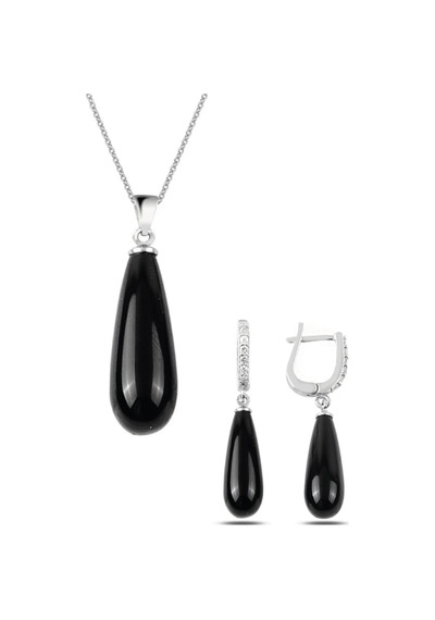 Gümüş Uzun Damla Model Kolye Küpe Oniks Taşlı Set