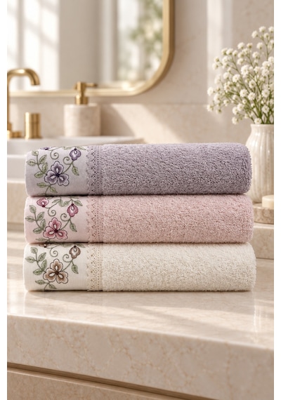 Bahar Dalı Çiçek Nakışlı El Yüz Havlusu 50x90 Cm 3 Lü Set %100 Pamuk - Lavender Cream Çok Renkli