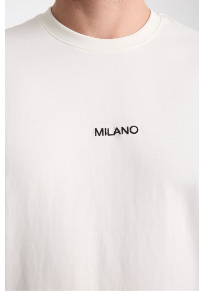 Erkek Milano Nakış Yazılı Oversize Bisiklet Yaka T-shirt Beyaz