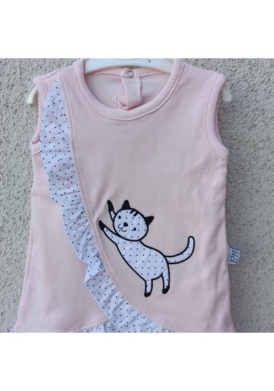 Elci Baby 3-9 Ay Kız Bebek Badi Kedili Fırfırlı Bandanalı Pembe