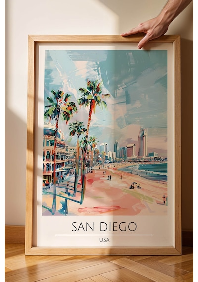Abd San Diego Temalı Çerçeveli Tablo Travel Serisi Modern İllüstrasyon Sahil Duvar Dekoru Kayın