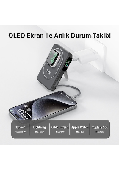 Bix Tpb16 10000 Mah Oled Ekranlı Manyetik Kablosuz Powerbank 20w Pd Hızlı Şarj Ve 15w Magsafe Siyah