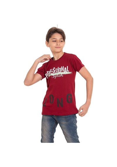Bordo Long Baskılı Bisiklet Yaka 13-16 Yaş Tişört 2012-5 Bordo