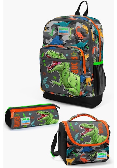 Coral High Kids Siyah Gri Dinozor Desenli 3 Lü Okul Çanta Seti Set0123744