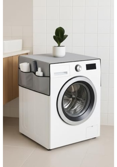 Palm Design Çamaşır Makinesi Koruyucu Örtü 4 Cepli Banyo Düzenleyici Organizer Su Geçirmez Örtü Gri 1000'li Set