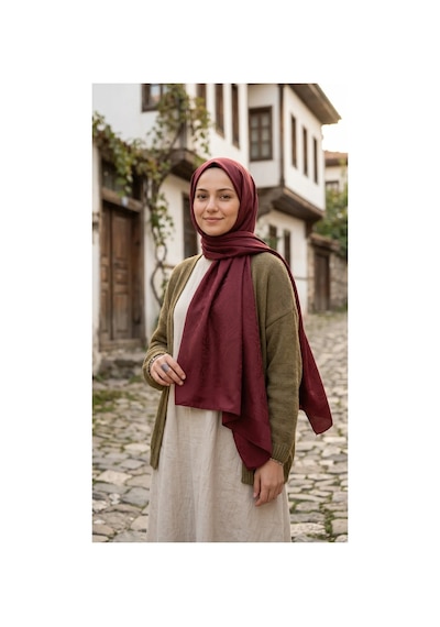 Nukra Jakarlı Pamuk Tesettür Şal Otantik Desen Bordo 70 X 190 Cm