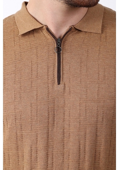 Ferraro Camel Polo Yaka Fermuarlı Erkek Pamuk Triko T-Shirt-Kahverengi (417942102) Kahverengi