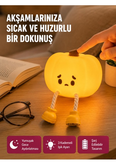 Pumpkin Led Gece Lambası Üç Kademeli Işık Ayarlı Yeni Nesil Sarı
