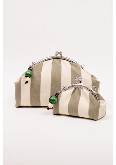Fabric Craft Bag El Çantası İkili Set Kadın Duck Kumaş Çizgili Metal Klipsli 28x17 / 16x9 Cm Yeşil - Krem