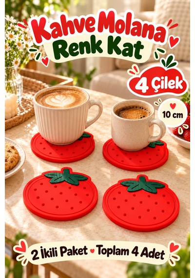 4'lü Çilek Desenli Bardak Altlığı Seti 10 Cm Kahve Ve Çay Fincan Altlığı Renkli Masa Sunum Aksesuarı Çok Renkli