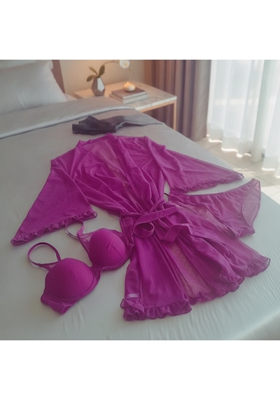 Bonbon Kadın Çeyizlik Ve Bohçalık Tül Transparan Mor Renk Sütyen, Slip Ve Sabahlık 3 Lü Paket Bb2685 Bonbon Kadın Çeyizlik Ve Bohçalık Tül Transparan Mor Renk Sütyen, Slip Ve Sabahlık 3 Lü Paket Bb2685