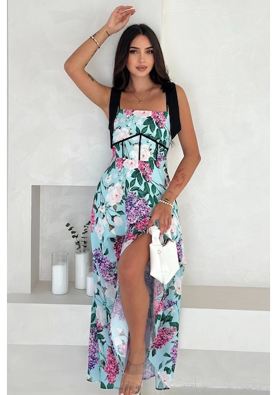 Asprin Fashion Çiçek Desen Korse Detaylı Elbise Mavi