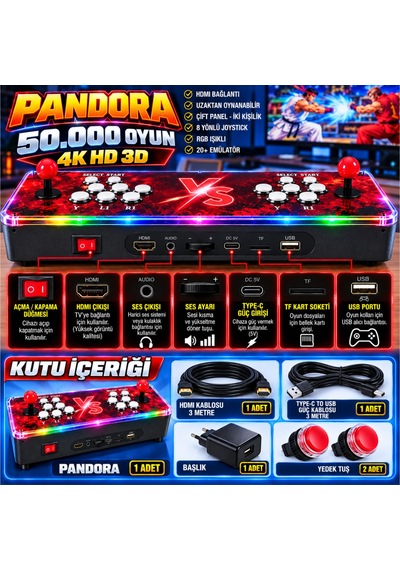 Schitec Pandora 50.000 Oyunlu 4k 3d Rgb Işıklı Çift Kişilik Arcade Oyun Konsolu