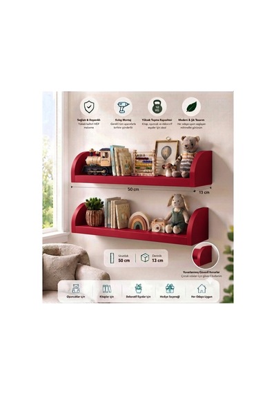 Duvar Rafı 50x13 Cm Mdf Çocuk Odası Kitap ,oyuncak Ve Dekor Rafı Kırmıızı